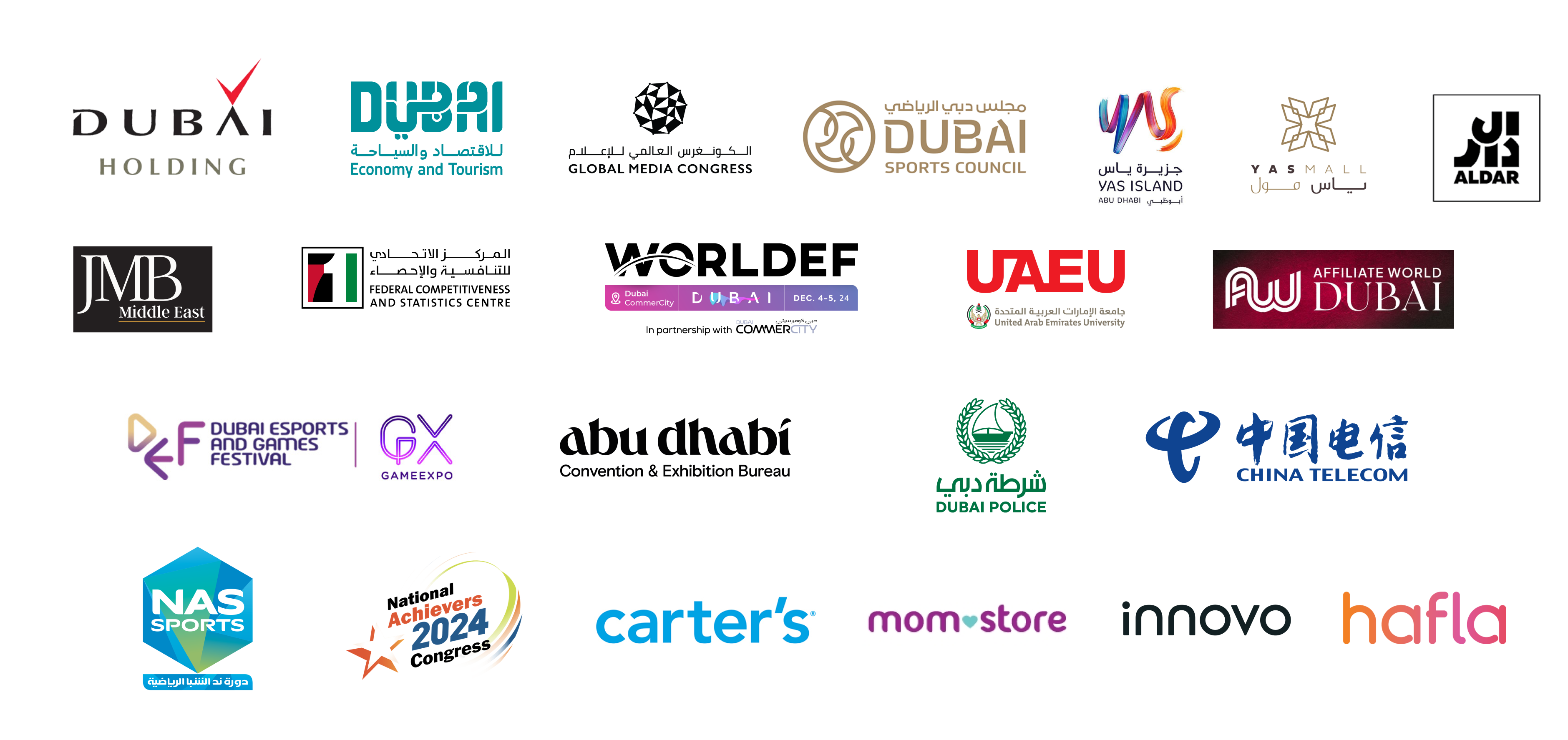 Vista Photo Booth clients — Dubai Holding, Dubai Economy and Tourism, Global Media Congress, Dubai Sports Council, Yas Island, Yas Mall, Aldar, JMB Middle East, Federal Competitiveness and Statistics Centre, WORLDDEF Dubai, UAEU, Affiliate World Dubai, Dubai Esports and Games Festival, GX GameExpo, Abu Dhabi Convention and Exhibition Bureau, China Telecom, NAS Sports, National Achievers 2024 Congress, Carter's, Mom Store, Innovo, Hafla